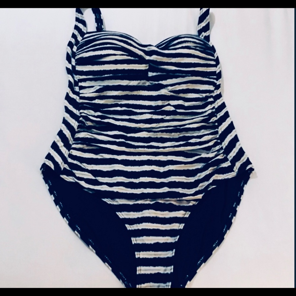 Blue white and gold one piece swimsuit with adjustable straps, size Large.